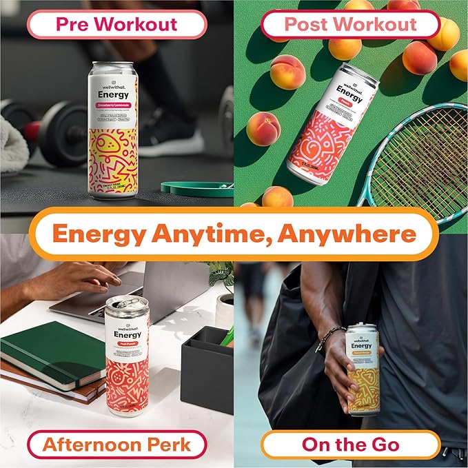 WellWithAll Energy Drink Variety Pack – Strawberry Lemonade, Fruit Punch, Tropical Mango, and Peach Flavors – Caffeine from Tea – With Vitamin C – Lightly Sparkling Beverage – Fruit & Veggie Juice Blend – 12 Oz (Pack of 12 – 3 Cans of Each Flavor)