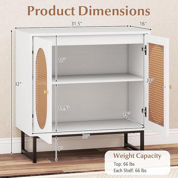 Giantex Rattan Sideboard Buffet Cabinet with Storage, Boho Sideboard with Doors & Adjustable Shelf, Small Accent Buffet Storage Cabinet with Metal Legs for Kitchen, Living Room, Entryway, White