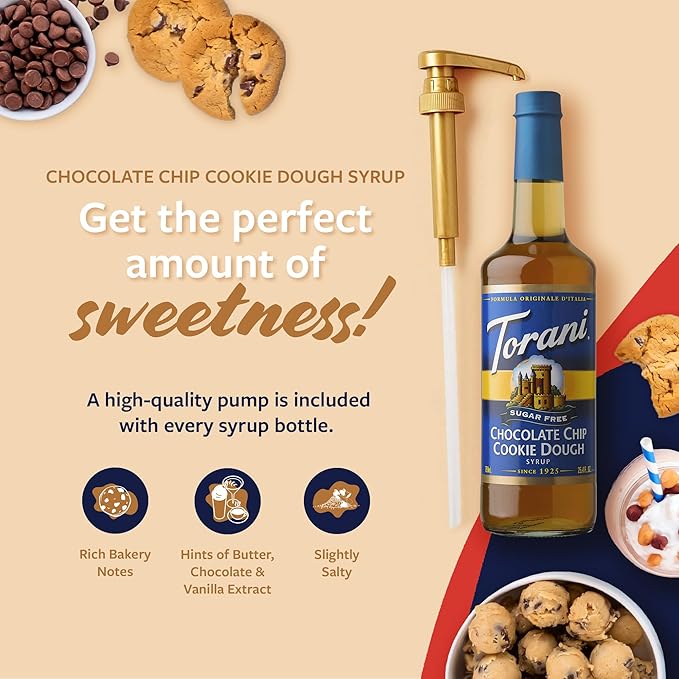 Torani Sugar Free Coffee Syrup, Chocolate Chip Cookie Dough Flavoring for Drinks, Zero Calorie, Glass Bottle with Pump Included, 25.4 Fl Oz