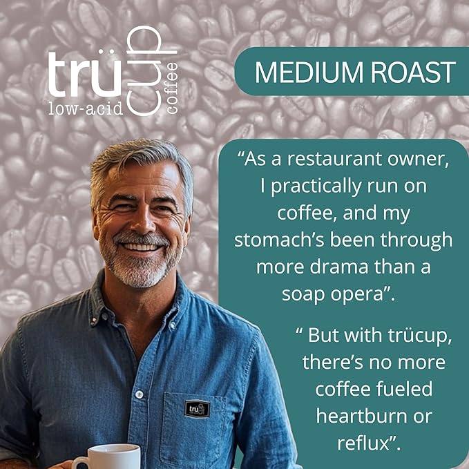 trücup Low Acid Coffee, Whole Bean Coffee Medium Roast 12 Oz, Natural Water&Steam Process (60% Less Acid), Smooth Flavor, Stomach-Friendly Rich in Antioxidants