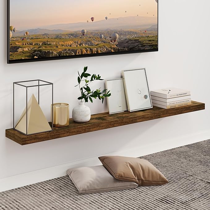 Fun Memories 55 Inch Fireplace Mantel - Long Floating Shelf, Wall Mounted Farmhouse Display with Invisible Heavy Duty Metal Bracket, Brown