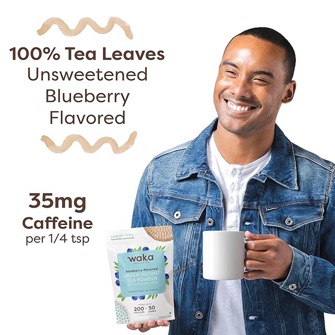 Waka Instant Green Tea Mix, Blueberry Flavored - 100% Tea Leaves, No Additives, Unsweetened Tea Powder in Bulk Pouch – Easy Quick Hot and Iced Teas, Up to 200 Cups (4.5oz)