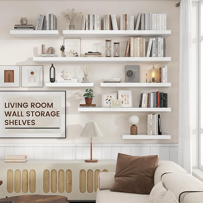 Floating Shelves for Wall, Engineered Wood Wall Shelves with Invisible Brackets for Living Room Bedroom Bathroom Office Kitchen Decor and Storage (White, 48" W x 9" D x 1.5" H) Set of 2
