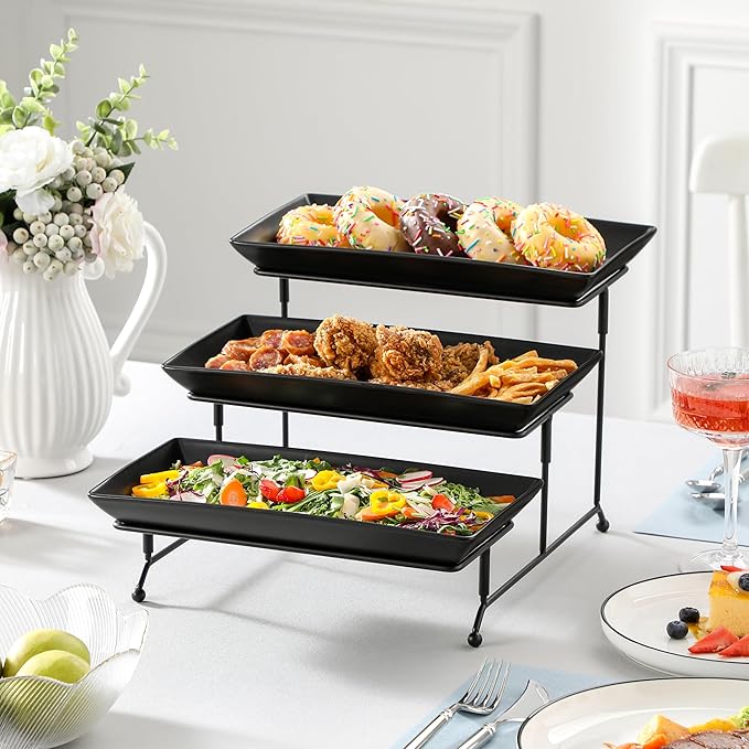 MALACASA 3 Tier Serving Tray, Porcelain Tiered Serving Trays Platters, 12 Inch Serving Stand with Platters,Black Dessert Stand with Collapsible Sturdier Metal Rack,Series PLAT