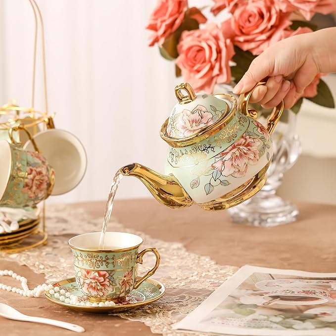 20 Pieces Porcelain Tea Set With Metal Holder, European Ceramic tea set for adults,Flower Tea Set,Tea Set For Women With Flower Painting（Light Green）