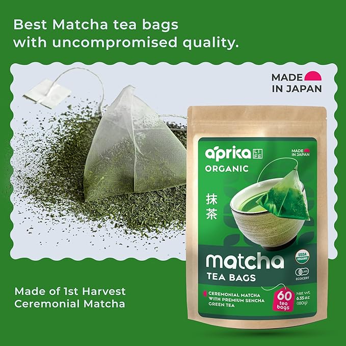 Organic Japanese Matcha Green Tea Bags - Ceremonial Grade Matcha Powder and 1st Harvest Spring Sencha Blend for Unforgettable Taste - 60 Tea Pyramids by Aprika Life