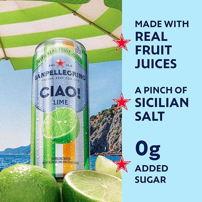 Sanpellegrino CIAO! Lime Sparkling Water, Low-Calorie Italian Sparkling Water with Real Fruit Juices, 0g Added Sugar, 24-Pack