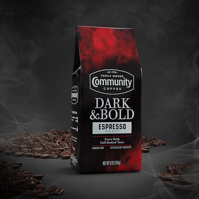 Community Coffee Dark & Bold Espresso Roast 72 Ounces, Extra Dark Roast Ground Coffee, 12 Ounce Bag (Pack of 6)