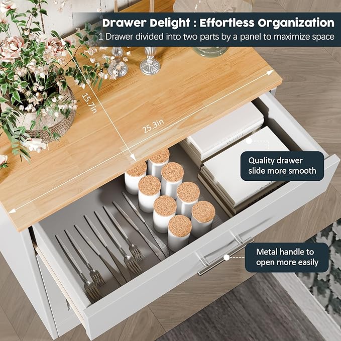 SUNLEI Coffee Bar Cabinet, Wooden Storage Cabinet with 2 Doors & 1 Drawers, Modern Farmhouse Kitchen Buffet Sideboard Cabinet with Storage for Living Room, Adjustable Shelf, White&Yellow