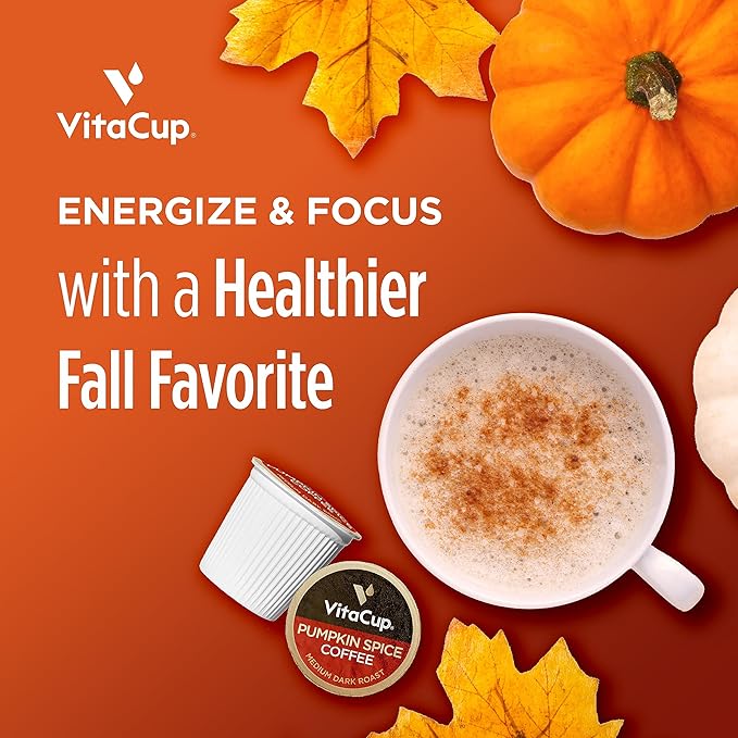 VitaCup Organic Pumpkin Spice Coffee Pods, Low Acid, Lab Tested for Mold, Toxins and Chemicals, Fair Trade Certified, Recyclable Single Serve Pods, 16ct