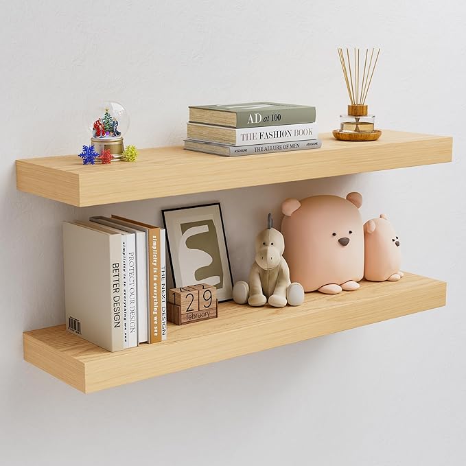 White Oak Floating Shelves, 2 Inch Thick Sturdy Wood Floating Shelves for Wall, 8 Inch Deep Shelves Over Toilet, 32 x 8 Wall Shelves for Kitchen Living Room Bathroom, 50LBS Capacity, 2-Piece