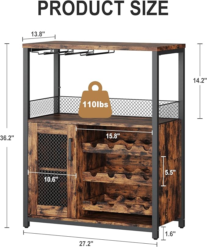 Vintage 3-Tier Wine Bar Cabinet with Adjustable Shelves, Glass Holders, Mesh Door, Small Buffet Sideboard Liquor & Coffee Bar Cabinet for Kitchen, Dining Room, Living Room