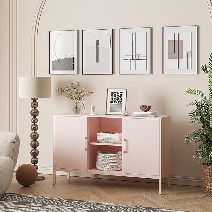 Metal Storage Cabinet,Metal Pink TV Stand,Coffee Bar Buffet Cabinet Kitchen Sideboard Storage with Adjustable Shelves for Living Room Bedroom