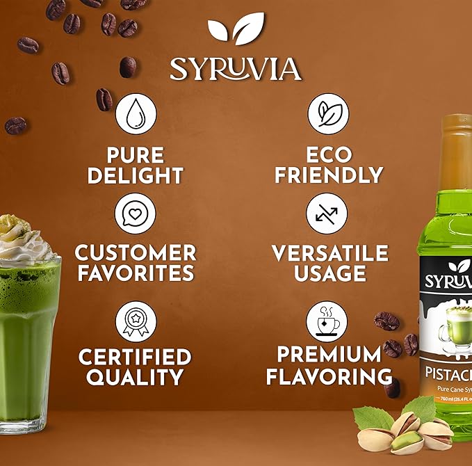 Syruvia Coffee Syrup, Pistachio Flavored Syrup for Drinks, and Desserts – 25.4 fl oz, With Pump