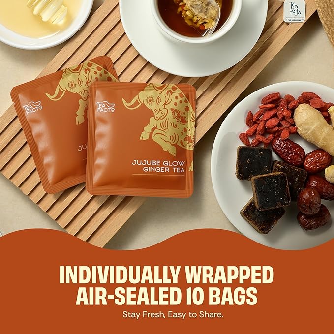 Tea Facto Inner Glow* Jujube Ginger Tea Bags with Dried Ginger Roots and Red Dates - Natural Fiber, Zero Added Sugar, Zero Caffeine - 10 Count
