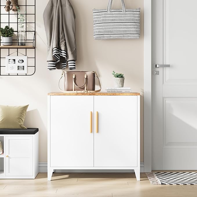 Letaya Metal Storage Cabinet with 2 Doors and Shelves 16" Dx 32" Wx30 H,Small Buffet Sideboard Short Cabinet for Kitchen Dining,Office Credenza Locker Modern Coffee Bar,Entryway Bathroom(White)
