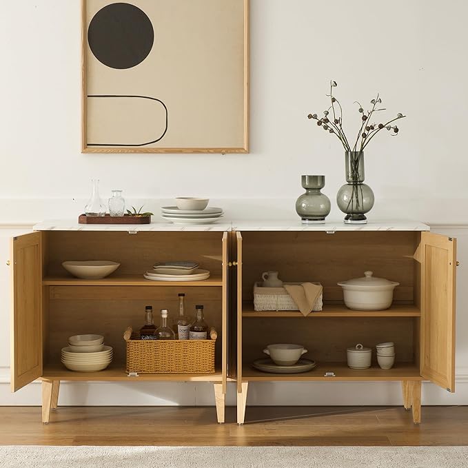 Modern Storage Cabinet Freestanding Accent Cabinet Sideboard Buffet with Faux Marble Top & Adjustable Shelves Wooden Organizer for Dining Room, Living Room Entryway Natural Oak