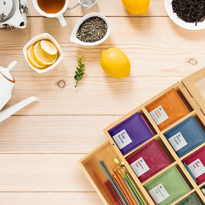 Bamboo Tea Bag Organizer – 8 Compartments, Drawer, Magnetic Lid, Premium Gift for Tea Lovers, Eco Kitchen Storage Box, Clear Window, Pantry Organizers And Storage (Organizer Only)