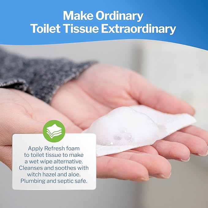 Refresh Liquid Wipe Toilet Paper Foam Dispenser Refill for Sensitive Skin | Eco-Friendly | Flushable Wet Wipe Alternative with Witch Hazel and Aloe | Alcohol Free | 8 oz Refill