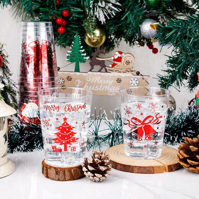 WELLIFE 60Pcs Red Christmas Plastic Cups, 10oz Merry christmas Cups, Red Plastic Tumblers with Christmas Tree and Bells Design, Disposable cups for Daily Use, Holiday Party Supplies
