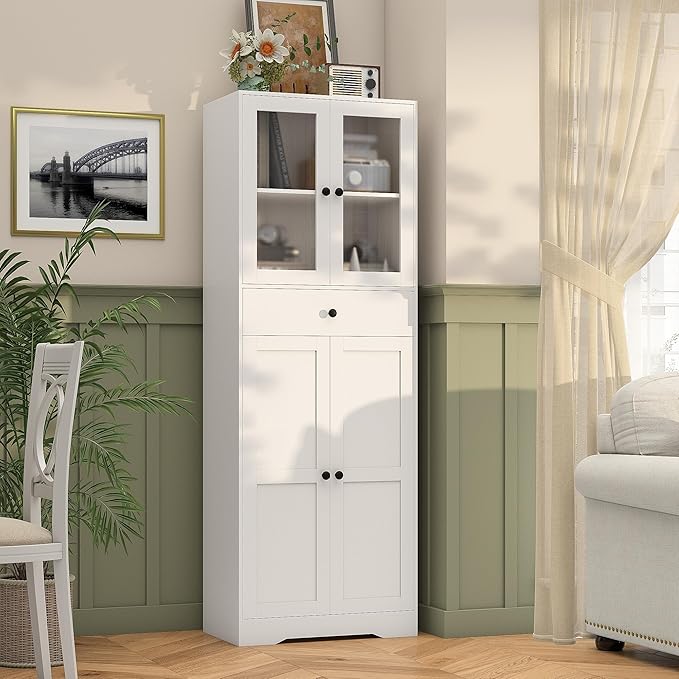Tall Bathroom Storage Cabinet with Glass Doors, 67" Tall Freestanding Linen Cabinet with Adjustable Shelves, Floor Standing Organizer for Bathroom, Living Room, Kitchen, (White)