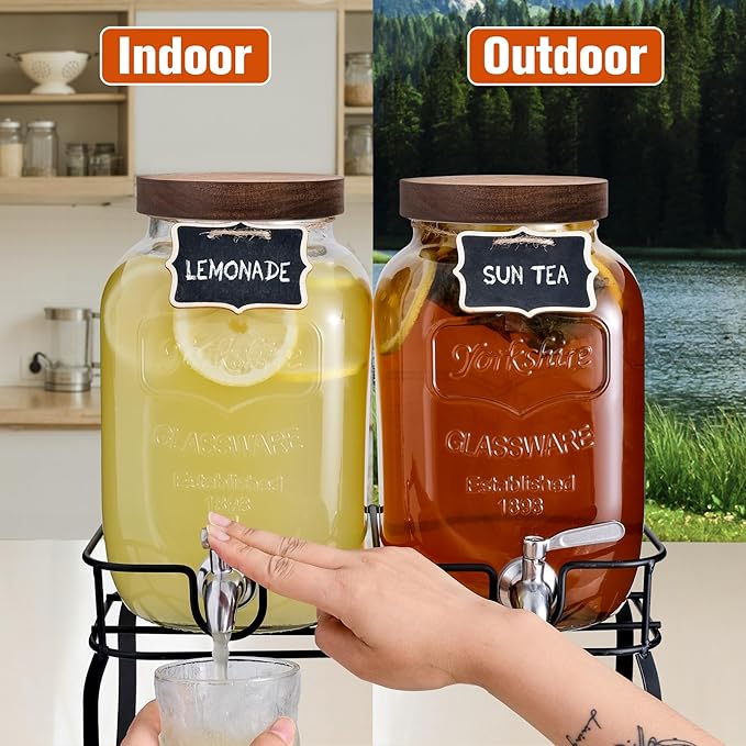 mustry Glass Drink Dispenser for Parties, 1 Gallon Beverage Dispenser with Stand and Spigot Solid Stainless Steel, Used as Lemonade Dispenser Sun Tea Jar Kombucha Jar, Set of 2