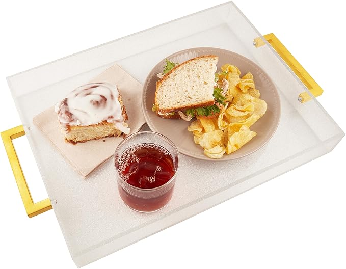 Acrylic Serving Tray with Gold Handles, 16" x 12" Decorative Tray for Coffee Table, Spill-Proof Food and Drink Server. Multipurpose for Ottoman, Kitchen, Vanity, Countertop, Party Use (Clear Glitter)
