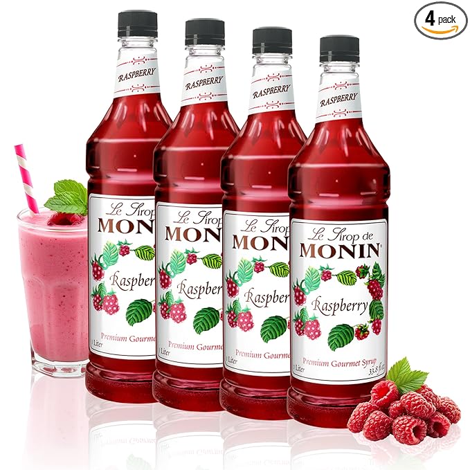 Monin - Raspberry Syrup, Sweet and Tart, Great for Cocktails and Lemonades, Gluten-Free, Non-GMO (1 Liter, 4-Pack)