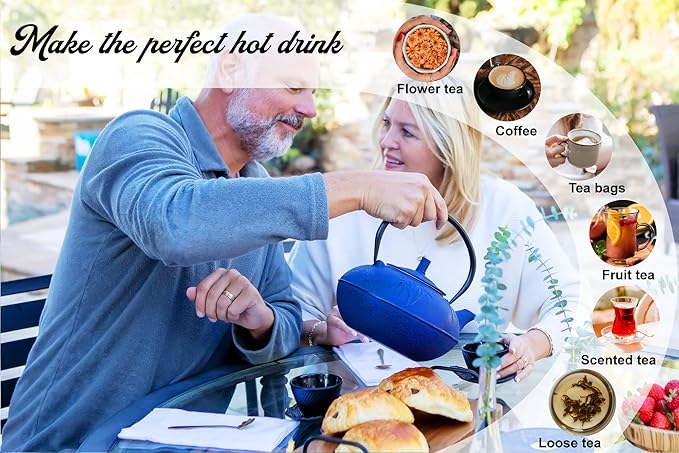 XXL Japanese Cast Iron Teapot with Infuser & Matching Trivet - Large 85 Oz/2500ml Tetsubin Loose Leaf Tea Pot with Enamel Interior - Handcrafted Big Cast Iron Tea Kettle Humidifier Set - Blue