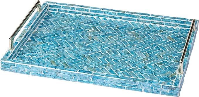 PEMAR Capiz Shell Decorative Tray with Gold Handles – 15.7"x11.8" Rectangular Display & Serving Tray for Vanity, Dresser, Bathroom (Mosaic Herringbone)