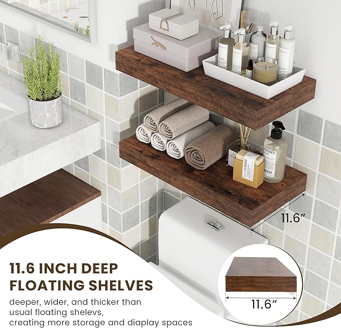 Deep Floating Shelves | 24 Inch Brown Floating Shelves Set of 2 | 12 Inch Deep Rustic Wood Shelves for Wall | 24" W x 12" D Brown Shelves for Living Room Bathroom Laundry Room Kitchen