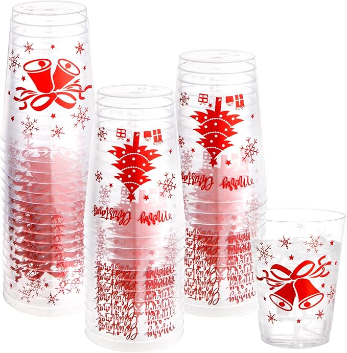 WELLIFE 60Pcs Red Christmas Plastic Cups, 10oz Merry christmas Cups, Red Plastic Tumblers with Christmas Tree and Bells Design, Disposable cups for Daily Use, Holiday Party Supplies