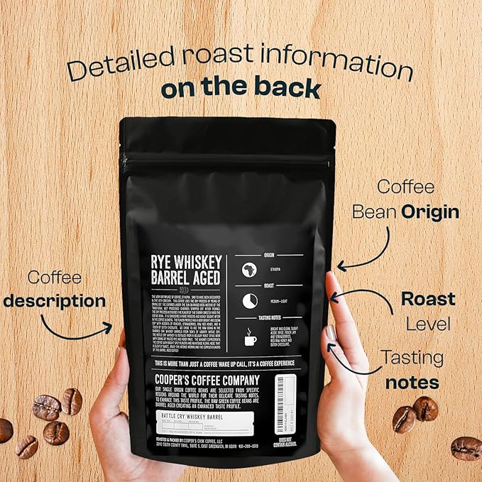 Rye Whiskey Barrel Aged Coffee, Single-Origin Ethiopian Beans Aged in Rye Whiskey Barrels, Medium Light Roast Whole Bean, 2 lb