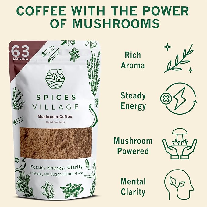 Spices Village Instant Mushroom Coffee with Lion’s Mane & Chaga, 5 oz (63 Servings), Ground Mushroom Arabica Instant Coffee, Kosher