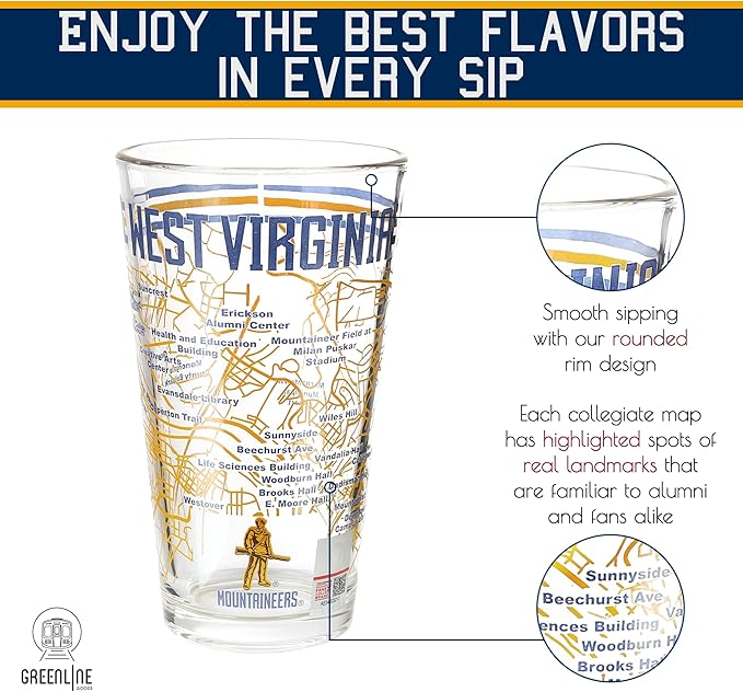 Greenline Goods – University of West Virginia Mountaineers College Pint Beer Glasses (Set of 2), 16 oz – Full-Color Logo + Campus Map