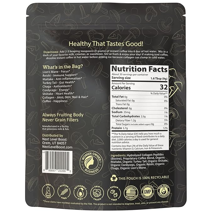 Instant Mushroom Coffee - Organic Mushrooms, 270g, 30 Servings, Next Level Boost's Healthy Everyday Brew Coffee Alternative Mushroom Drink w/ Collagen, Lions Mane, Turkey Tail Coffee Mushroom Alternative