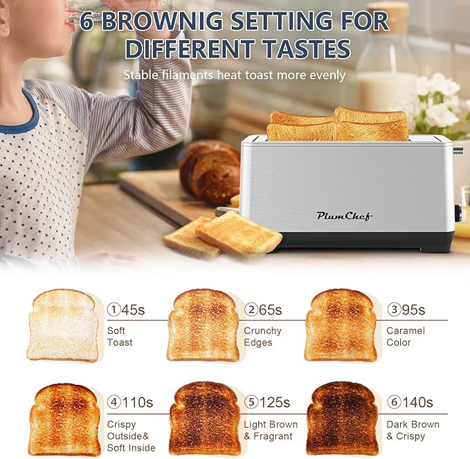 4-Slice Toaster, Extra Wide Long Slot Toaster, 6 Browning Settings, Bagel/Defrost/Reheat Functions, Removable Crumb Tray, Stainless Steel Housing (Stainless Steel)