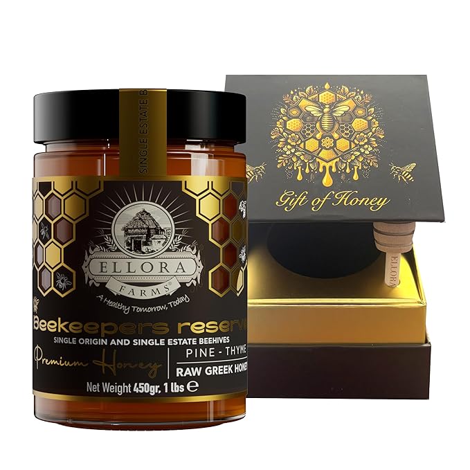Ellora Farms Greek Honey Single Estate PDO, Pine & Thyme Honey Unfiltered, Beautiful Gift Pack with Dipper, Beekeepers Reserve, Raw & Unfiltered, Gluten Free - 450g (16oz)