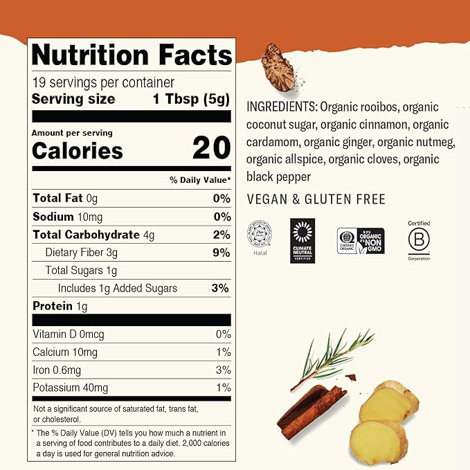 Numi Organic Rooibos Chai Tea Latte Powder – Rooibos Chai Latte Mix with Cinnamon, Cardamom & Cloves – Caffeine Free, Vegan & Gluten Free, 3.5 oz (Makes 19 Cups)