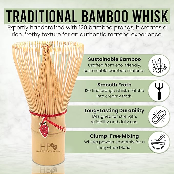 HAPPY PATH & CO Matcha Whisk Set – 6 Pcs Matcha Tea Set Includes Bamboo Whisk(Chasen) & Holder,Bowl with Spout,Sifter,Scoop & Stand | Matcha Making Kit - Perfect for Matcha Lovers(Mint Berry)