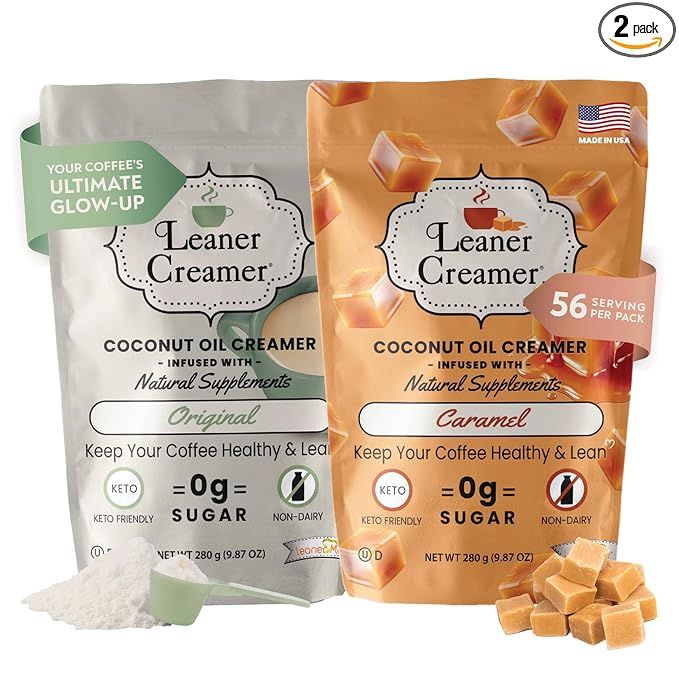 Leaner Creamer Coconut Oil Non-Dairy Creamer Bundle, Original & Caramel Flavors – Sugar-Free, Keto, Gluten-Free Powdered Coffee Creamer for Coffee, Smoothies & Shakes – 2-Pack (280g Each)
