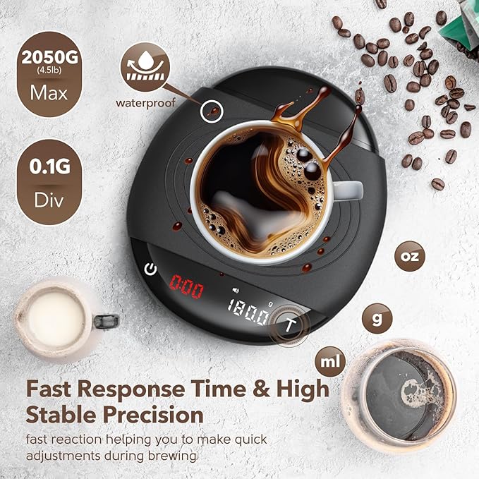 Mini Coffee Scale with Timer - Digital Espresso Scale 2kg/0.1g Accuracy Pour Over Coffee Rechargeable Down to 0.1g High Precision for Kitchen Food Weighing Measuring Baking Black