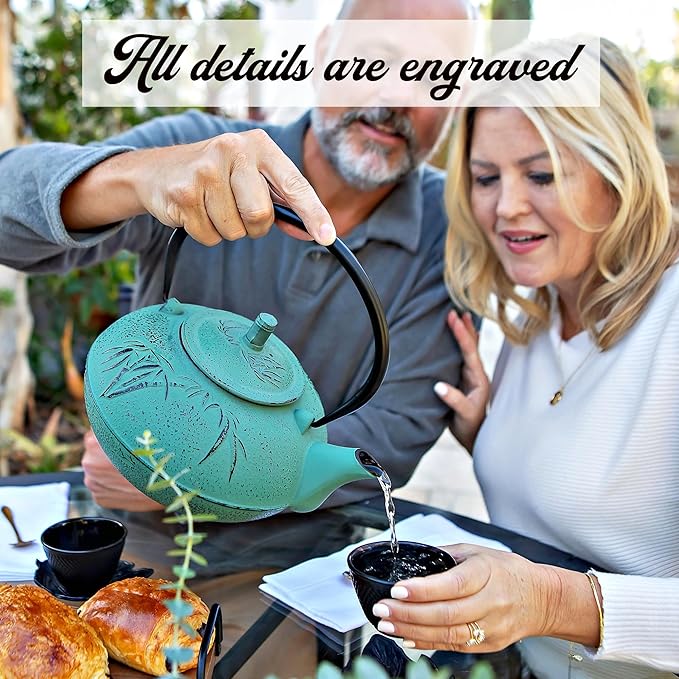 XXL Japanese Cast Iron Teapot with Infuser & Matching Trivet - Large 85 Oz/2500ml Tetsubin Loose Leaf Tea Pot with Enamel Interior - Handcrafted Big Cast Iron Tea Kettle Humidifier Set - Green