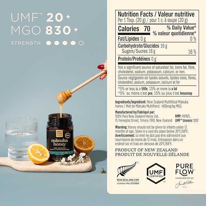 Manuka Honey UMF 20+ MGO 826+ 100% Pure New Zealand Raw, Unfiltered Certified Award Winning Silky Smooth Taste & Texture 17.6 Oz