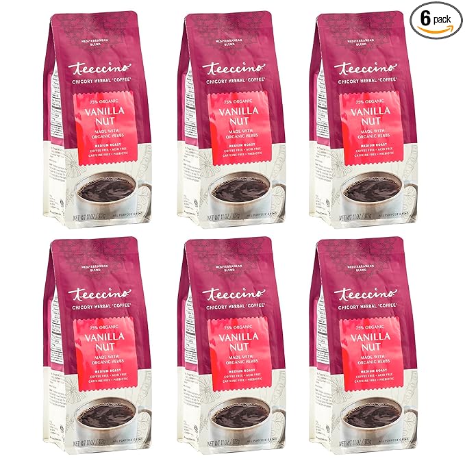 Teeccino Vanilla Nut Chicory Coffee Alternative - Ground Herbal Coffee That’s Prebiotic, Caffeine Free & Acid Free, Medium Roast, 11 Ounce (Pack of 6)
