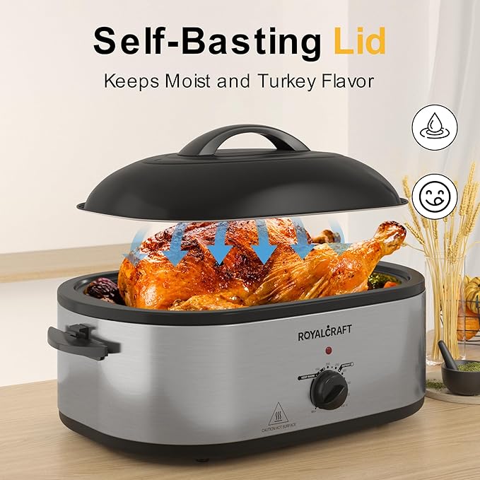 Royalcraft Roaster Oven with Self-Basting Lid, 18qt Electric Roaster with Removable Pan & Rack, Turkey Roaster Oven with Defrost & Warm Function, Stainless Steel, Silver