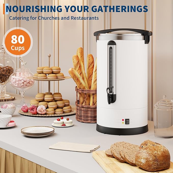 80 Cups Large Coffee Urn with Double Wall Insulation, 12L/3.2 Gallon Stainless Steel Commercial Electric Coffee Maker with Hot Drinks and Hot Water, for Weddings, Parties, Catering, and Buffets