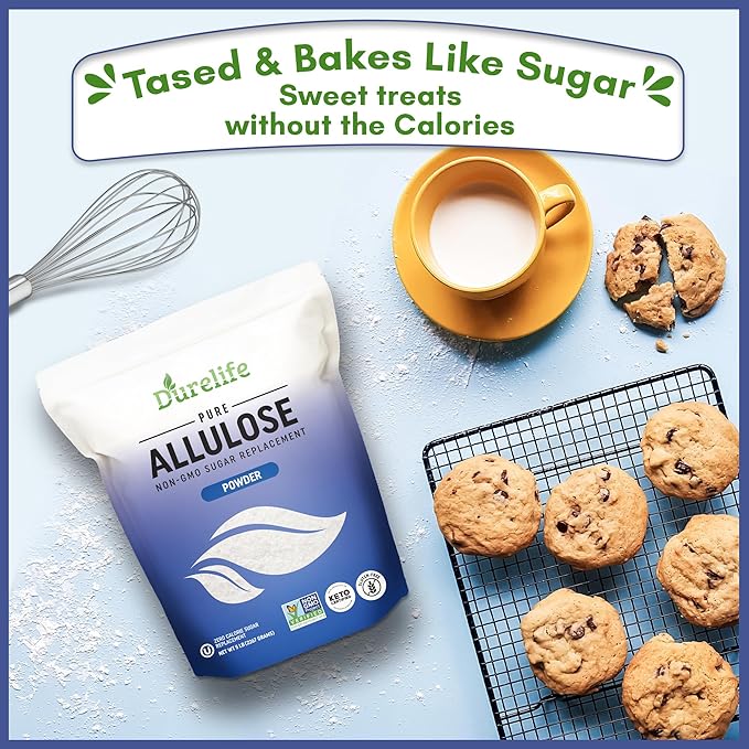 Durelife Allulose sweetener, 1 lb 100% Pure No Erythritol powdered Sugar Substitute, NON-GMO Project Verified, Keto Certified, OU kosher, No Fillers, Zero Calories sugar alternative 1 Lbs