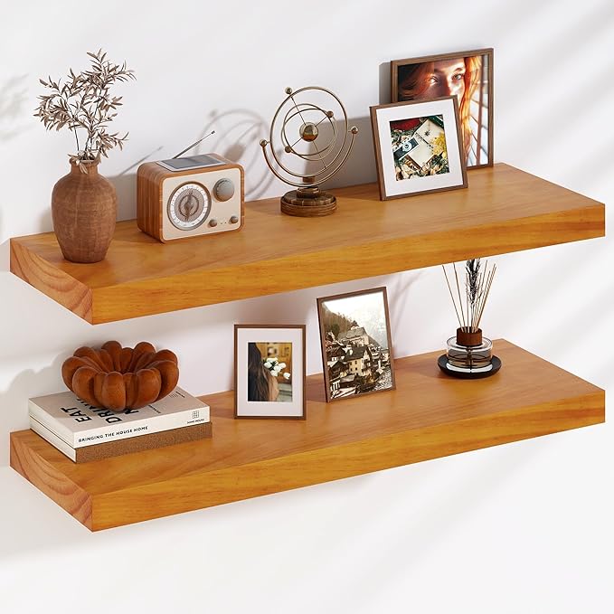 Fun Memories Floating Shelves, 9.3'' Deep Solid Pine Wood Wall Shelves for Storage, Wall Mounted Display Shelf with Invisible Heavy-Duty Metal Bracket, 36'' Width Set of 2, Honey Oak