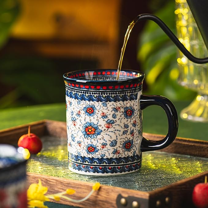 Ceramic Latte Mug Set of 4, 15.5oz Hand Painted Porcelain Coffee Cups With Handle for Tea/Milk/Cocoa - Modern Retro Design For Any Kitchen. Microwave and Dishwash Safe (Blue plasma grass)